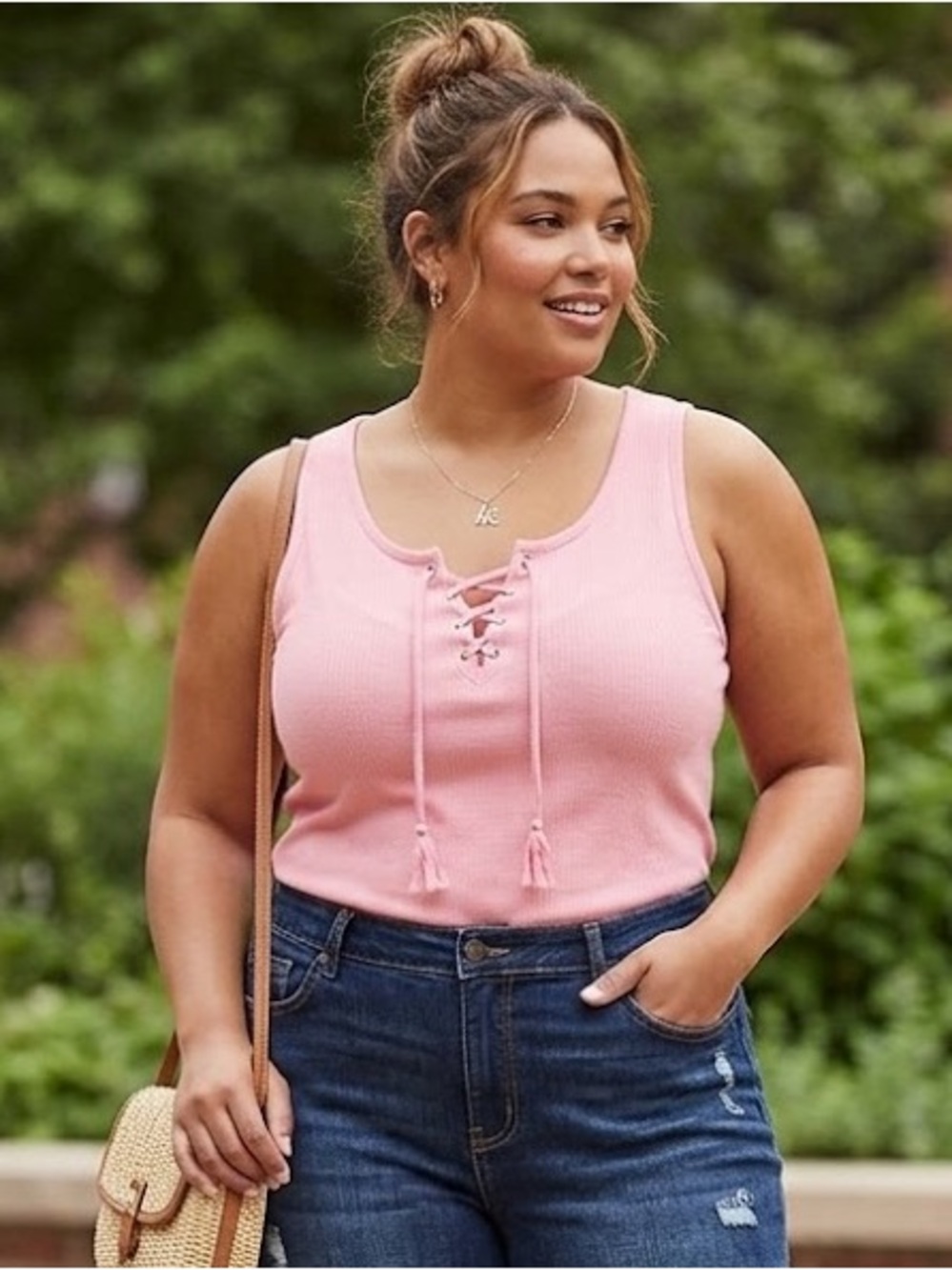 Torrid Pink Lace-Up Ribbed Tank Top, Size Large